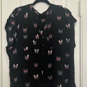 Torrid Black French Bulldog Print Challis Button Front Dolman Top-- Size 2